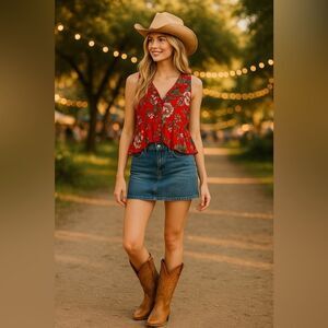 🌺 “Billa” Red Floral Sleeveless Peplum Top – Size XL